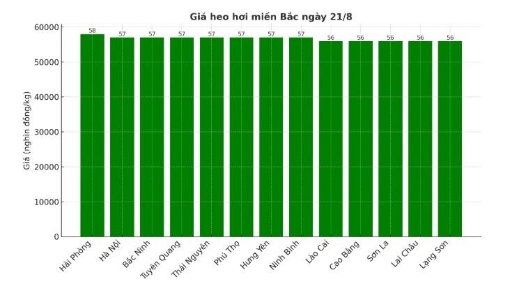 Biểu đồ giá heo hơi tại một số tỉnh, thành miền Bắc ngày 21/8.