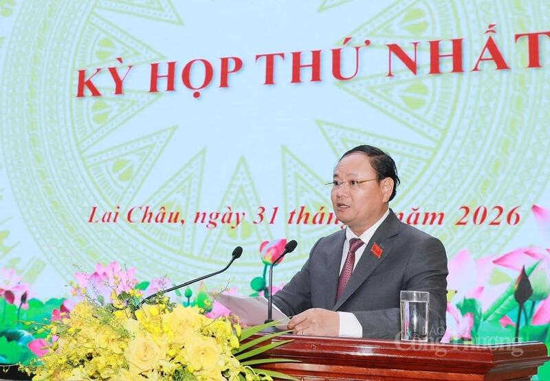 Ông Lê Minh Ngân, Ủy viên Ban Chấp hành Trung ương Đảng, Bí thư Tỉnh ủy Lai Châu, Chủ tịch HĐND khóa XVI, nhiệm kỳ 2026-2031 phát biểu nhận nhiệm vụ.