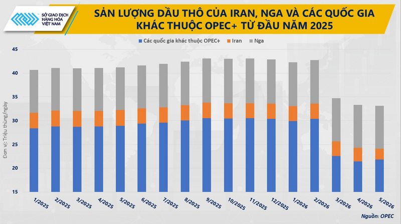 Sản lượng dầu thô của Nga, Iran và các quốc gia khác thuộc OPEC+ từ đầu năm 2025. Nguồn: MXV