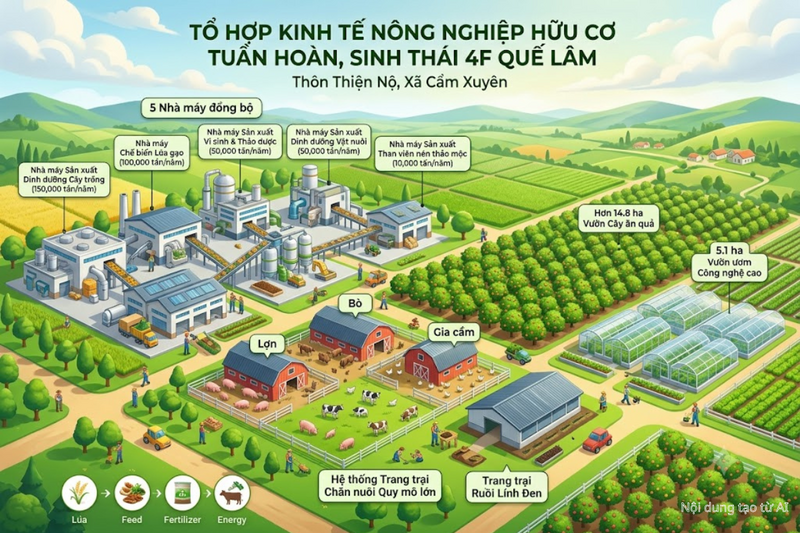 Dự án được định hướng trở thành trung tâm nghiên cứu, chuyển giao công nghệ nông nghiệp hữu cơ cho toàn vùng Bắc Trung Bộ. Ảnh tạo từ AI