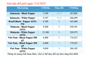 Giá tiêu hôm nay 7/11/2025: Cao nhất 147.000 đồng/kg