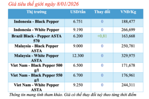 Giá tiêu hôm nay 8/1/2026: Trong nước đi ngang