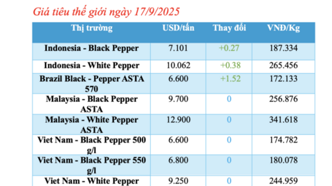 Giá tiêu hôm nay 17/9/2025: Indonesia và Brazil bật tăng mạnh mẽ