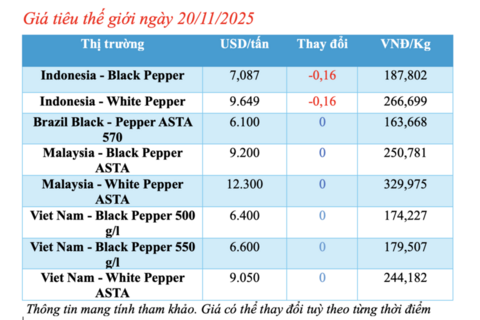 Giá tiêu hôm nay 20/11/2025: Neo ở mức cao