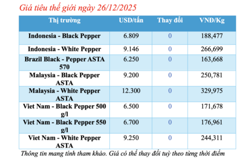 Giá tiêu hôm nay 26/12/2025: Tăng nhẹ 500 - 1.000 đồng