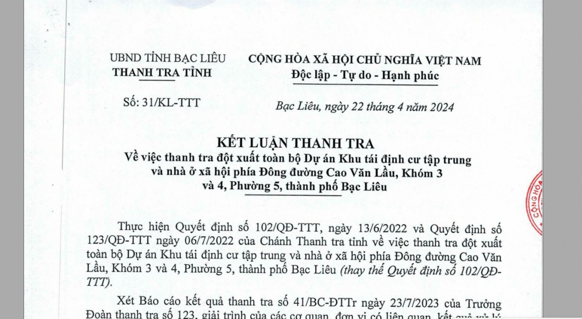 Kết luận thanh tra đột xuất toàn bộ dự án Khu tái định cư tập trung và nhà ở xã hội phía Đông đường Cao Văn Lầu của Công ty Thiên Long.