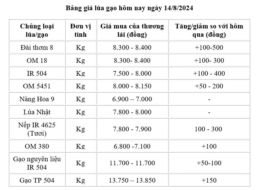 Giá lúa gạo hôm nay ngày 14/8/2024: