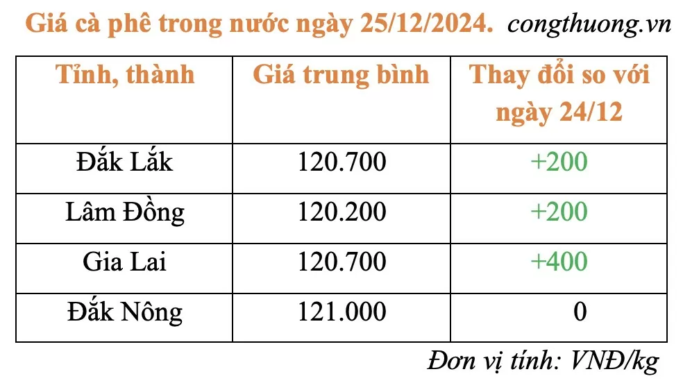 Giá cà phê hôm nay 25/12/2024: Giá cà phê trong nước