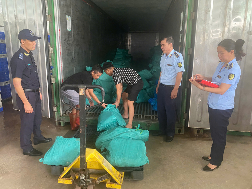 Lực lượng Quản lý thị trường tỉnh Quảng Ninh khám kho hàng đông lạnh, phát hiện 3.100 kg chân gà đông lạnh không rõ nguồn gốc xuất xứ. Ảnh: Quản lý thị trường tỉnh Quảng Ninh