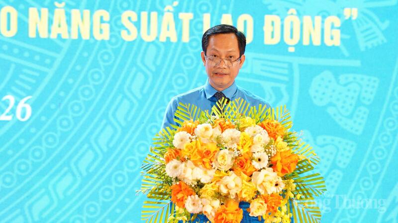 Chủ tịch Công đoàn Công Thương Việt Nam Lê An Hải phát biểu tại Lễ phát động Tháng Công nhân, Tháng hành động về An toàn, vệ sinh lao động năm 2026. Ảnh: Thái Mạnh