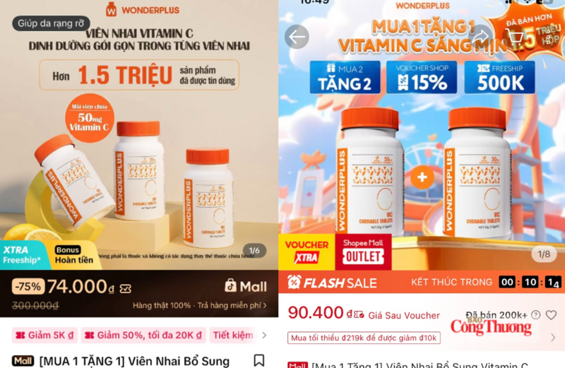 Sau khuyến mãi, giá bán mỗi lọ Vitamin C Wonderplus khoảng 25.000 - 35.000 đồng. Ảnh chụp màn hình.