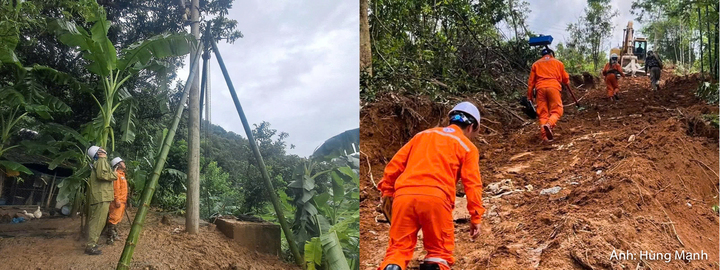 Mưa lớn kéo dài gây ngập trạm trung gian Xuân Thiên do Điện lực Thọ Xuân (PC Thanh Hóa) quản lý. Nhân viên điện lực đến kiểm tra, xử lý cột điện bị đổ gãy do sạt lở sau mưa lớn.