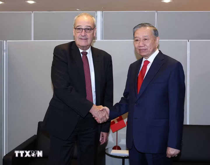 Tổng Bí thư, Chủ tịch nước Tô Lâm gặp Tổng thống Thụy Sĩ Guy Parmelin. Ảnh: Thống Nhất/TTXVN